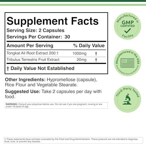 Tongkat Ali Extrakt 200:1 Ultra-Hochpotenz – 1000 mg pro Portion, 60 Kapseln mit Tribulus Terrestris von Double Wood