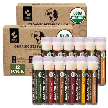 Earth's Daughter USDA Bio-Lippenbalsam 12er-Pack (2x 6er-Pack) - Fruchtaromen, Bienenwachs, Kokosöl, Vitamin E - Beste Lippenpflege für trockene, rissige Lippen - Feuchtigkeitsspendende Lippenpflege