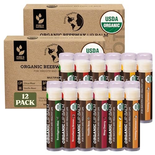 Earth's Daughter USDA Bio-Lippenbalsam 12er-Pack (2x 6er-Pack) - Fruchtaromen, Bienenwachs, Kokosöl, Vitamin E - Beste Lippenpflege für trockene, rissige Lippen - Feuchtigkeitsspendende Lippenpflege