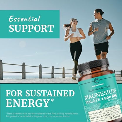 Magnesium Malat 1500 mg | Energie- & Nervensystem-Unterstützung | 300 mg elementares Magnesium pro Portion | Hochabsorbierbare Magnesium Malat Kapseln mit Vitamin B6 + Schwarzer Pfeffer | Non-GMO | 90 Stück (1 Monatsvorrat)