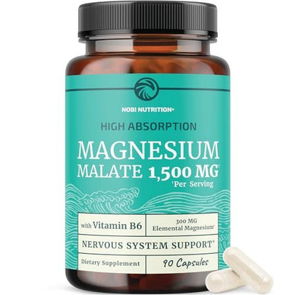 Magnesium Malat 1500 mg | Energie- & Nervensystem-Unterstützung | 300 mg elementares Magnesium pro Portion | Hochabsorbierbare Magnesium Malat Kapseln mit Vitamin B6 + Schwarzer Pfeffer | Non-GMO | 90 Stück (1 Monatsvorrat)