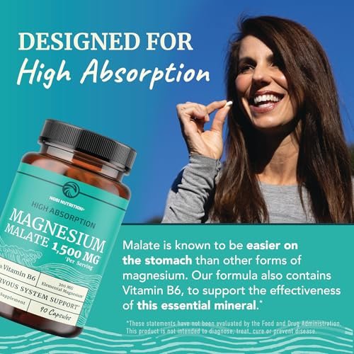 Magnesium Malat 1500 mg | Energie- & Nervensystem-Unterstützung | 300 mg elementares Magnesium pro Portion | Hochabsorbierbare Magnesium Malat Kapseln mit Vitamin B6 + Schwarzer Pfeffer | Non-GMO | 90 Stück (1 Monatsvorrat)