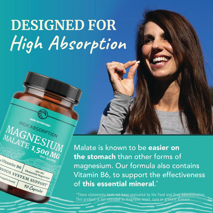Magnesium Malat 1500 mg | Energie- & Nervensystem-Unterstützung | 300 mg elementares Magnesium pro Portion | Hochabsorbierbare Magnesium Malat Kapseln mit Vitamin B6 + Schwarzer Pfeffer | Non-GMO | 90 Stück (1 Monatsvorrat)