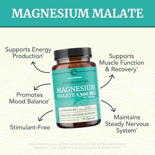 Magnesium Malat 1500 mg | Energie- & Nervensystem-Unterstützung | 300 mg elementares Magnesium pro Portion | Hochabsorbierbare Magnesium Malat Kapseln mit Vitamin B6 + Schwarzer Pfeffer | Non-GMO | 90 Stück (1 Monatsvorrat)