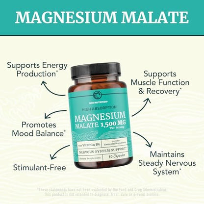 Magnesium Malat 1500 mg | Energie- & Nervensystem-Unterstützung | 300 mg elementares Magnesium pro Portion | Hochabsorbierbare Magnesium Malat Kapseln mit Vitamin B6 + Schwarzer Pfeffer | Non-GMO | 90 Stück (1 Monatsvorrat)