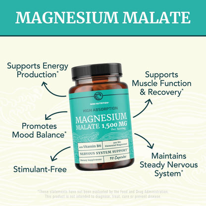Magnesium Malat 1500 mg | Energie- & Nervensystem-Unterstützung | 300 mg elementares Magnesium pro Portion | Hochabsorbierbare Magnesium Malat Kapseln mit Vitamin B6 + Schwarzer Pfeffer | Non-GMO | 90 Stück (1 Monatsvorrat)