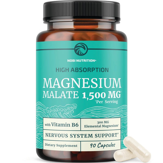 Magnesium Malat 1500 mg | Energie- & Nervensystem-Unterstützung | 300 mg elementares Magnesium pro Portion | Hochabsorbierbare Magnesium Malat Kapseln mit Vitamin B6 + Schwarzer Pfeffer | Non-GMO | 90 Stück (1 Monatsvorrat)