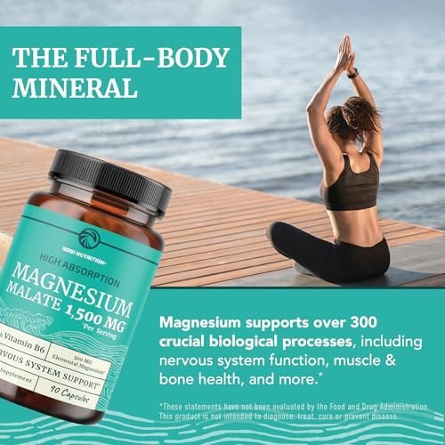 Magnesium Malat 1500 mg | Energie- & Nervensystem-Unterstützung | 300 mg elementares Magnesium pro Portion | Hochabsorbierbare Magnesium Malat Kapseln mit Vitamin B6 + Schwarzer Pfeffer | Non-GMO | 90 Stück (1 Monatsvorrat)