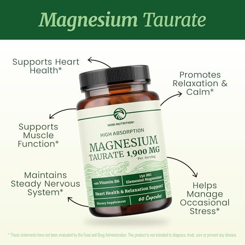 Magnesium Taurat 1900 mg | Herzgesundheit & Entspannung | 150 mg elementares Magnesium pro Portion | Hoch bioverfügbares Mag Taurat mit Vitamin B6 + Schwarzem Pfeffer | Non-GMO | 60 Kapseln (1 Monatsvorrat)