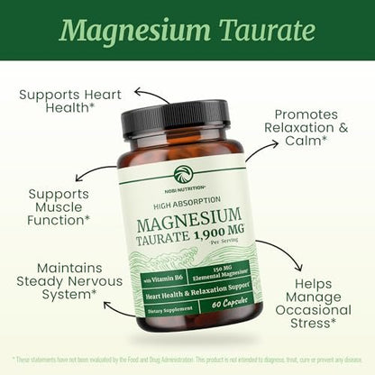 Magnesium Taurat 1900 mg | Herzgesundheit & Entspannung | 150 mg elementares Magnesium pro Portion | Hoch bioverfügbares Mag Taurat mit Vitamin B6 + Schwarzem Pfeffer | Non-GMO | 60 Kapseln (1 Monatsvorrat)