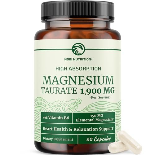 Magnesium Taurat 1900 mg | Herzgesundheit & Entspannung | 150 mg elementares Magnesium pro Portion | Hoch bioverfügbares Mag Taurat mit Vitamin B6 + Schwarzem Pfeffer | Non-GMO | 60 Kapseln (1 Monatsvorrat)