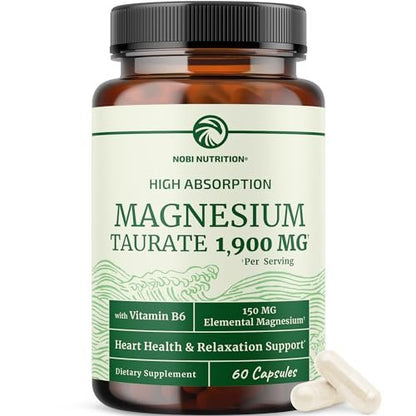 Magnesium Taurat 1900 mg | Herzgesundheit & Entspannung | 150 mg elementares Magnesium pro Portion | Hoch bioverfügbares Mag Taurat mit Vitamin B6 + Schwarzem Pfeffer | Non-GMO | 60 Kapseln (1 Monatsvorrat)