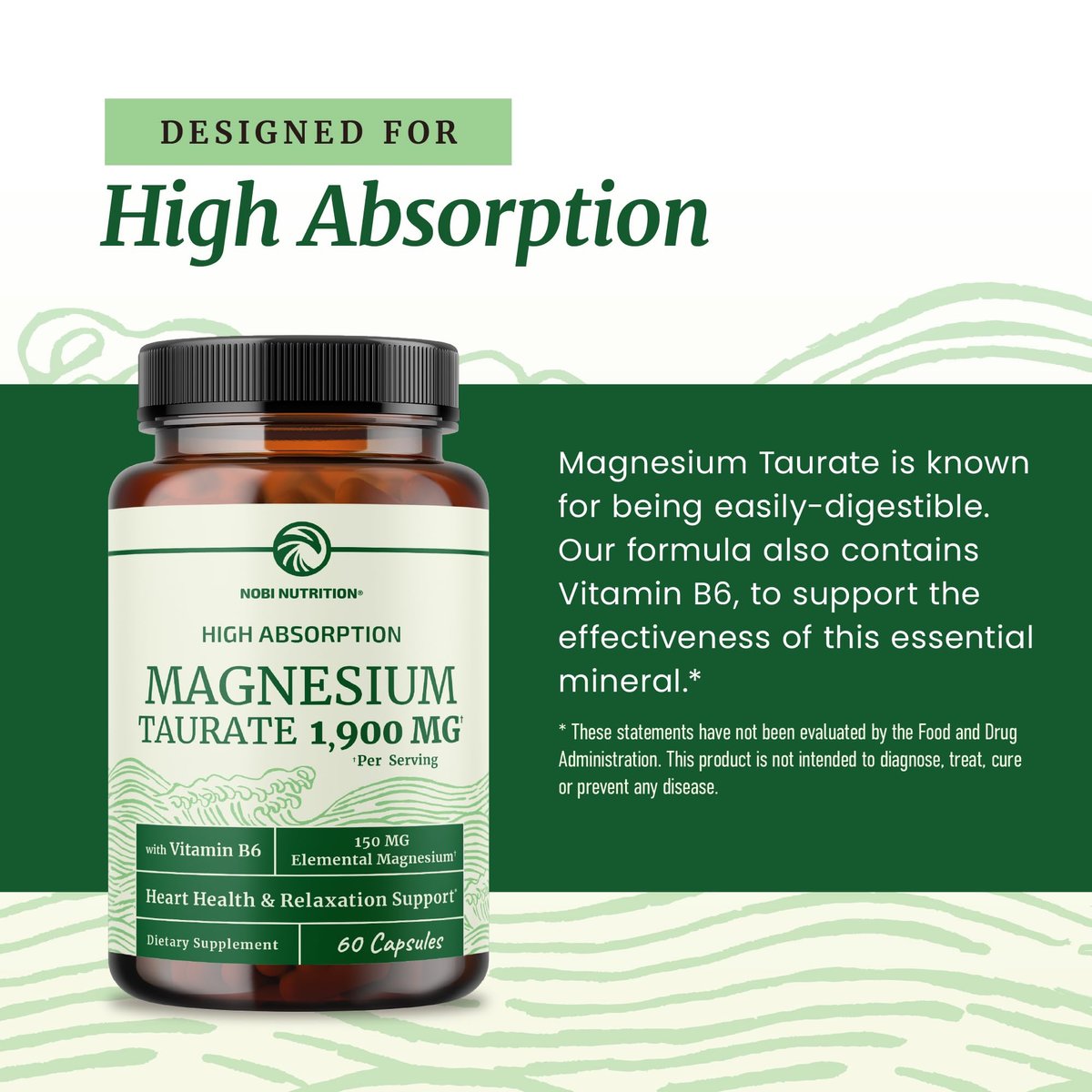Magnesium Taurat 1900 mg | Herzgesundheit & Entspannung | 150 mg elementares Magnesium pro Portion | Hoch bioverfügbares Mag Taurat mit Vitamin B6 + Schwarzem Pfeffer | Non-GMO | 60 Kapseln (1 Monatsvorrat)