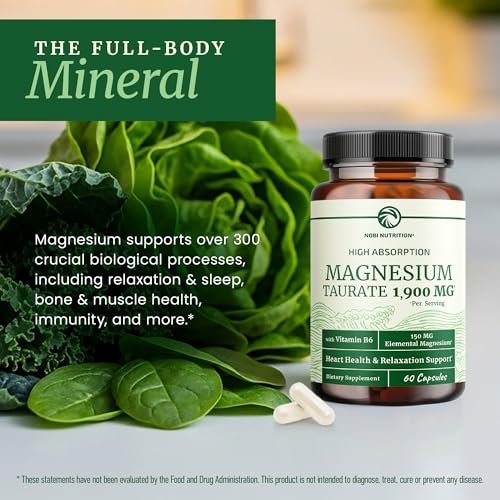Magnesium Taurat 1900 mg | Herzgesundheit & Entspannung | 150 mg elementares Magnesium pro Portion | Hoch bioverfügbares Mag Taurat mit Vitamin B6 + Schwarzem Pfeffer | Non-GMO | 60 Kapseln (1 Monatsvorrat)