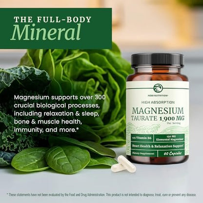 Magnesium Taurat 1900 mg | Herzgesundheit & Entspannung | 150 mg elementares Magnesium pro Portion | Hoch bioverfügbares Mag Taurat mit Vitamin B6 + Schwarzem Pfeffer | Non-GMO | 60 Kapseln (1 Monatsvorrat)