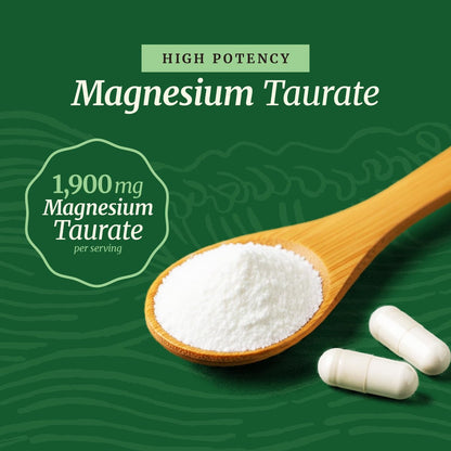 Magnesium Taurat 1900 mg | Herzgesundheit & Entspannung | 150 mg elementares Magnesium pro Portion | Hoch bioverfügbares Mag Taurat mit Vitamin B6 + Schwarzem Pfeffer | Non-GMO | 60 Kapseln (1 Monatsvorrat)