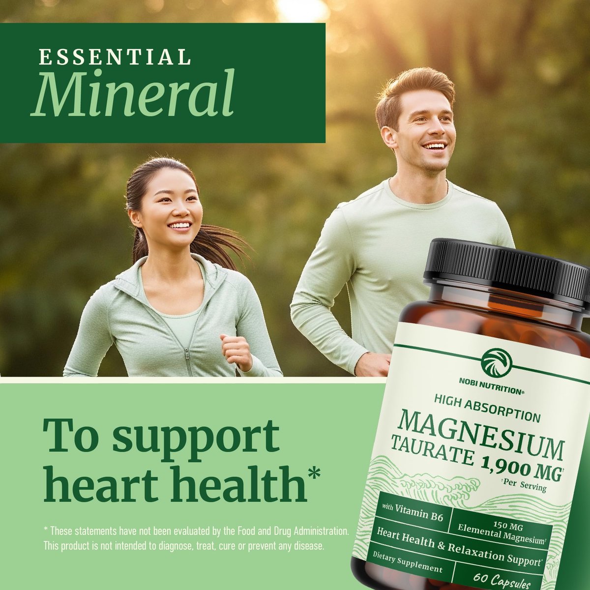Magnesium Taurat 1900 mg | Herzgesundheit & Entspannung | 150 mg elementares Magnesium pro Portion | Hoch bioverfügbares Mag Taurat mit Vitamin B6 + Schwarzem Pfeffer | Non-GMO | 60 Kapseln (1 Monatsvorrat)