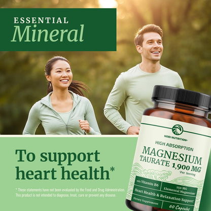 Magnesium Taurat 1900 mg | Herzgesundheit & Entspannung | 150 mg elementares Magnesium pro Portion | Hoch bioverfügbares Mag Taurat mit Vitamin B6 + Schwarzem Pfeffer | Non-GMO | 60 Kapseln (1 Monatsvorrat)