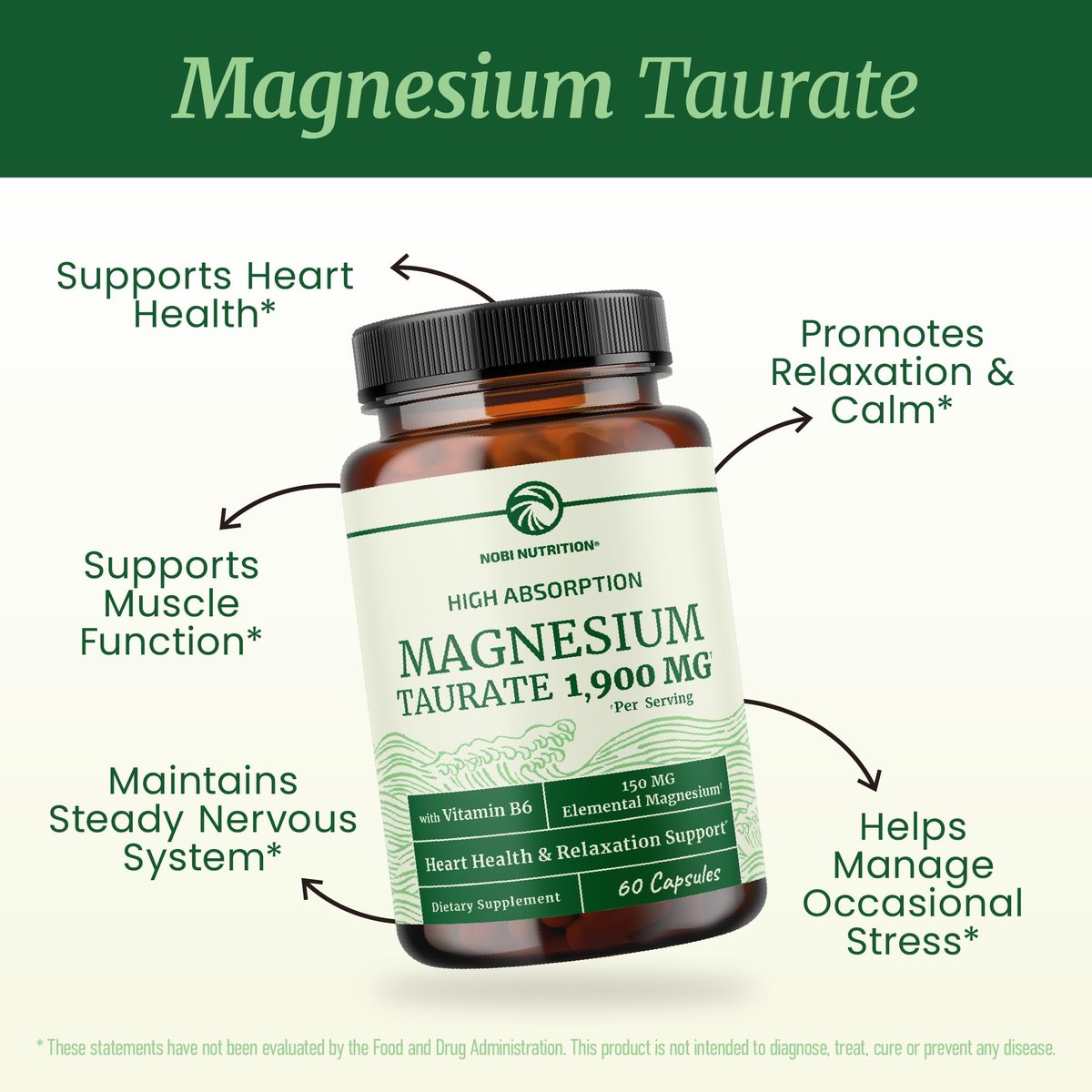 Magnesium Taurat 1900 mg | Herzgesundheit & Entspannung | 150 mg elementares Magnesium pro Portion | Hoch bioverfügbares Mag Taurat mit Vitamin B6 + Schwarzem Pfeffer | Non-GMO | 60 Kapseln (1 Monatsvorrat)
