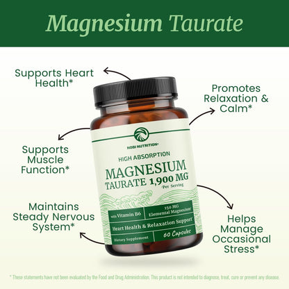Magnesium Taurat 1900 mg | Herzgesundheit & Entspannung | 150 mg elementares Magnesium pro Portion | Hoch bioverfügbares Mag Taurat mit Vitamin B6 + Schwarzem Pfeffer | Non-GMO | 60 Kapseln (1 Monatsvorrat)