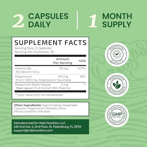 Magnesium Taurat 1900 mg | Herzgesundheit & Entspannung | 150 mg elementares Magnesium pro Portion | Hoch bioverfügbares Mag Taurat mit Vitamin B6 + Schwarzem Pfeffer | Non-GMO | 60 Kapseln (1 Monatsvorrat)