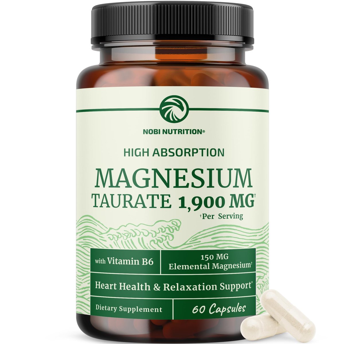 Magnesium Taurat 1900 mg | Herzgesundheit & Entspannung | 150 mg elementares Magnesium pro Portion | Hoch bioverfügbares Mag Taurat mit Vitamin B6 + Schwarzem Pfeffer | Non-GMO | 60 Kapseln (1 Monatsvorrat)