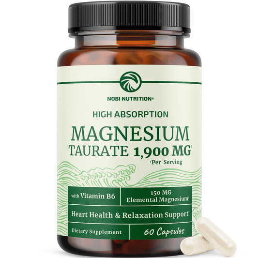 Magnesium Taurat 1900 mg | Herzgesundheit & Entspannung | 150 mg elementares Magnesium pro Portion | Hoch bioverfügbares Mag Taurat mit Vitamin B6 + Schwarzem Pfeffer | Non-GMO | 60 Kapseln (1 Monatsvorrat)