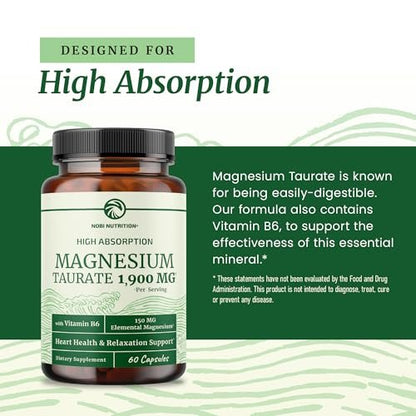 Magnesium Taurat 1900 mg | Herzgesundheit & Entspannung | 150 mg elementares Magnesium pro Portion | Hoch bioverfügbares Mag Taurat mit Vitamin B6 + Schwarzem Pfeffer | Non-GMO | 60 Kapseln (1 Monatsvorrat)