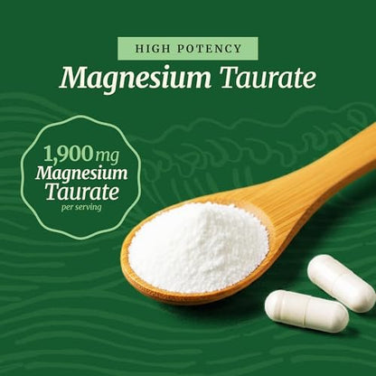 Magnesium Taurat 1900 mg | Herzgesundheit & Entspannung | 150 mg elementares Magnesium pro Portion | Hoch bioverfügbares Mag Taurat mit Vitamin B6 + Schwarzem Pfeffer | Non-GMO | 60 Kapseln (1 Monatsvorrat)