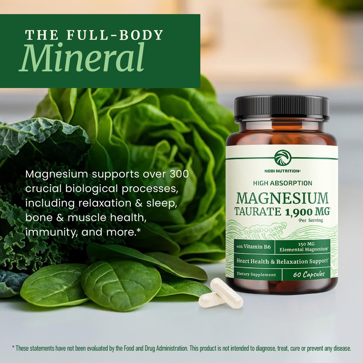 Magnesium Taurat 1900 mg | Herzgesundheit & Entspannung | 150 mg elementares Magnesium pro Portion | Hoch bioverfügbares Mag Taurat mit Vitamin B6 + Schwarzem Pfeffer | Non-GMO | 60 Kapseln (1 Monatsvorrat)