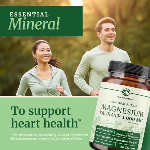 Magnesium Taurat 1900 mg | Herzgesundheit & Entspannung | 150 mg elementares Magnesium pro Portion | Hoch bioverfügbares Mag Taurat mit Vitamin B6 + Schwarzem Pfeffer | Non-GMO | 60 Kapseln (1 Monatsvorrat)