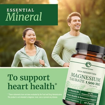Magnesium Taurat 1900 mg | Herzgesundheit & Entspannung | 150 mg elementares Magnesium pro Portion | Hoch bioverfügbares Mag Taurat mit Vitamin B6 + Schwarzem Pfeffer | Non-GMO | 60 Kapseln (1 Monatsvorrat)