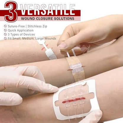EVERLIT CARE Wundverschluss-Set | 28-teiliges All-in-One Erste-Hilfe-Set mit nahtfreien, stichlosen Zip-Verschlüssen, Butterfly-Pflastern, für Wunden bis zu 15 cm | 100% sterile medizinische Produkte zur Reinigung, Abdeckung und Heilung