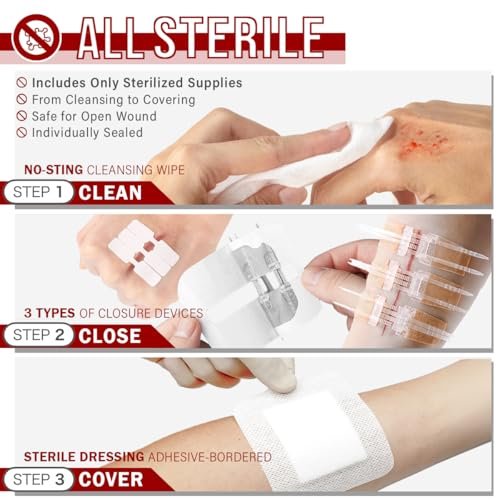 EVERLIT CARE Wundverschluss-Set | 28-teiliges All-in-One Erste-Hilfe-Set mit nahtfreien, stichlosen Zip-Verschlüssen, Butterfly-Pflastern, für Wunden bis zu 15 cm | 100% sterile medizinische Produkte zur Reinigung, Abdeckung und Heilung