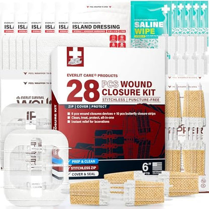 EVERLIT CARE Wundverschluss-Set | 28-teiliges All-in-One Erste-Hilfe-Set mit nahtfreien, stichlosen Zip-Verschlüssen, Butterfly-Pflastern, für Wunden bis zu 15 cm | 100% sterile medizinische Produkte zur Reinigung, Abdeckung und Heilung