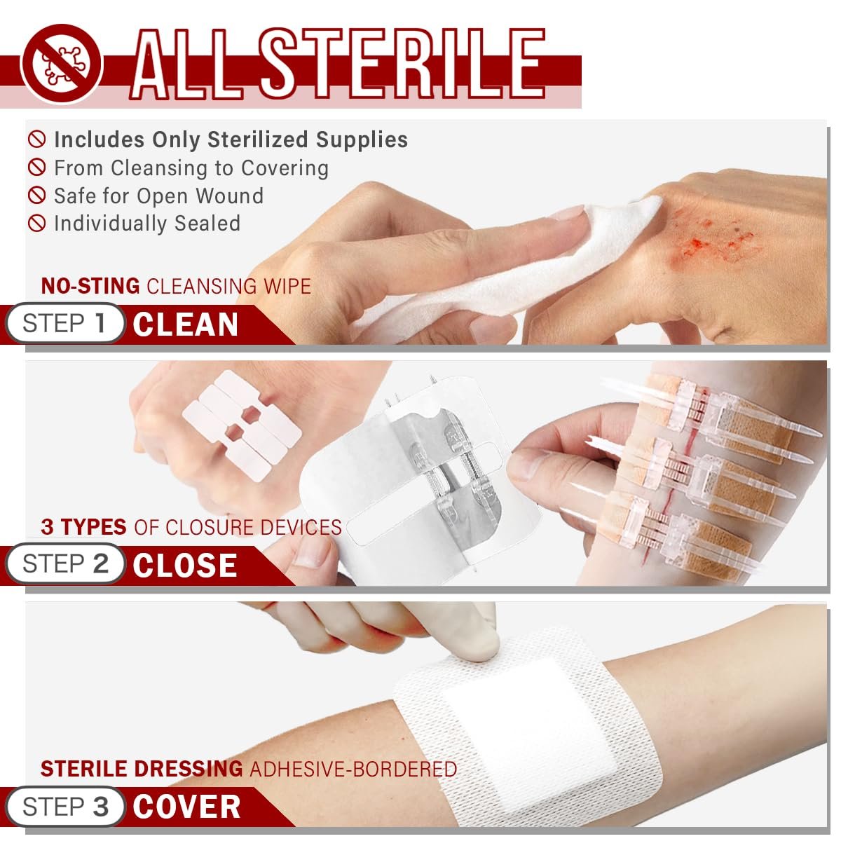 EVERLIT CARE Wundverschluss-Set | 28-teiliges All-in-One Erste-Hilfe-Set mit nahtfreien, stichlosen Zip-Verschlüssen, Butterfly-Pflastern, für Wunden bis zu 15 cm | 100% sterile medizinische Produkte zur Reinigung, Abdeckung und Heilung