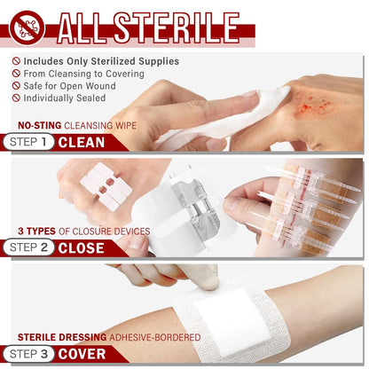 EVERLIT CARE Wundverschluss-Set | 28-teiliges All-in-One Erste-Hilfe-Set mit nahtfreien, stichlosen Zip-Verschlüssen, Butterfly-Pflastern, für Wunden bis zu 15 cm | 100% sterile medizinische Produkte zur Reinigung, Abdeckung und Heilung