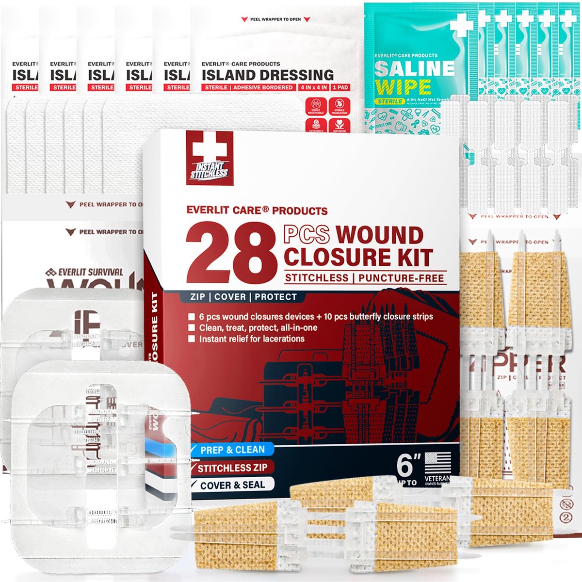 EVERLIT CARE Wundverschluss-Set | 28-teiliges All-in-One Erste-Hilfe-Set mit nahtfreien, stichlosen Zip-Verschlüssen, Butterfly-Pflastern, für Wunden bis zu 15 cm | 100% sterile medizinische Produkte zur Reinigung, Abdeckung und Heilung
