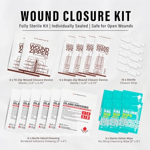 EVERLIT CARE Wundverschluss-Set | 28-teiliges All-in-One Erste-Hilfe-Set mit nahtfreien, stichlosen Zip-Verschlüssen, Butterfly-Pflastern, für Wunden bis zu 15 cm | 100% sterile medizinische Produkte zur Reinigung, Abdeckung und Heilung