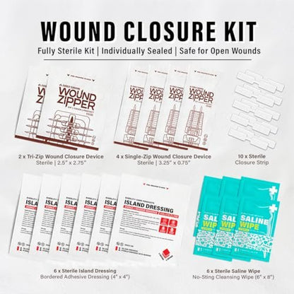EVERLIT CARE Wundverschluss-Set | 28-teiliges All-in-One Erste-Hilfe-Set mit nahtfreien, stichlosen Zip-Verschlüssen, Butterfly-Pflastern, für Wunden bis zu 15 cm | 100% sterile medizinische Produkte zur Reinigung, Abdeckung und Heilung