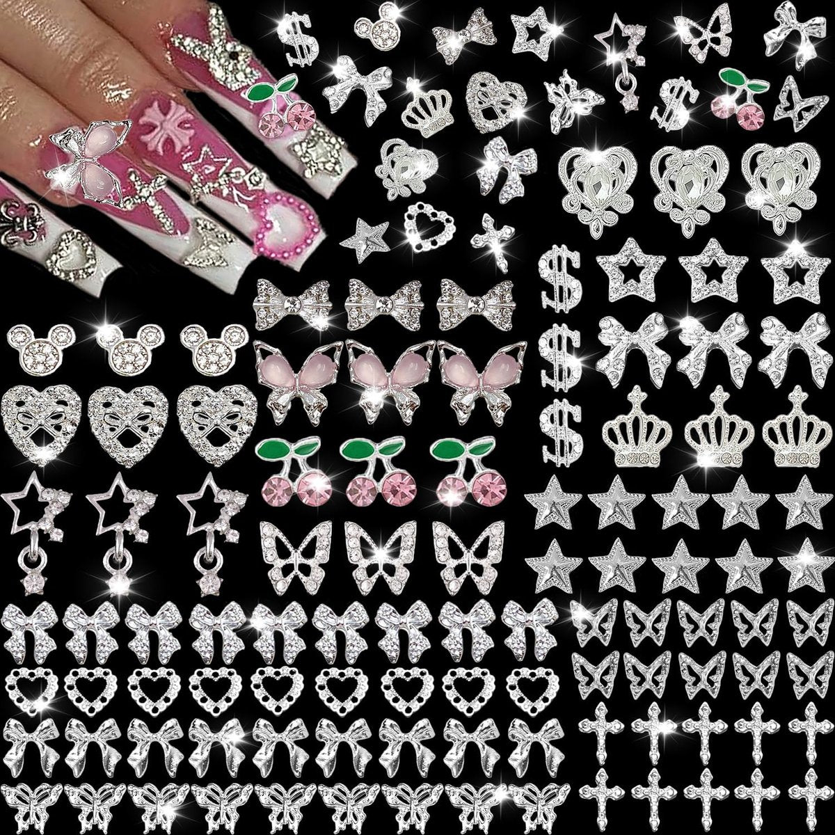 KACHIMOO 106-teilige Nagelverzierungen und -steine in Silber – 3D-Schmetterlinge, Schleifen, Sterne, Kirschen, Kreuze, Dollar, Herzen für Acrylnägel (19 Stile)