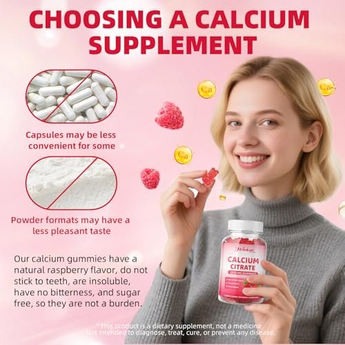Calcium Citrat Gummibärchen 1200 mg – Zuckerfreie, kaubare Calciumergänzung für Frauen & Männer, unterstützt Knochen-, Muskel- und Immunsystem, ohne Gentechnik, glutenfrei, natürlicher Himbeergeschmack, 60 Stück