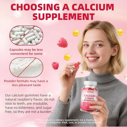 Calcium Citrat Gummibärchen 1200 mg – Zuckerfreie, kaubare Calciumergänzung für Frauen & Männer, unterstützt Knochen-, Muskel- und Immunsystem, ohne Gentechnik, glutenfrei, natürlicher Himbeergeschmack, 60 Stück