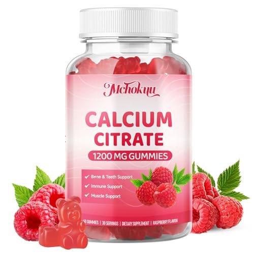 Calcium Citrat Gummibärchen 1200 mg – Zuckerfreie, kaubare Calciumergänzung für Frauen & Männer, unterstützt Knochen-, Muskel- und Immunsystem, ohne Gentechnik, glutenfrei, natürlicher Himbeergeschmack, 60 Stück