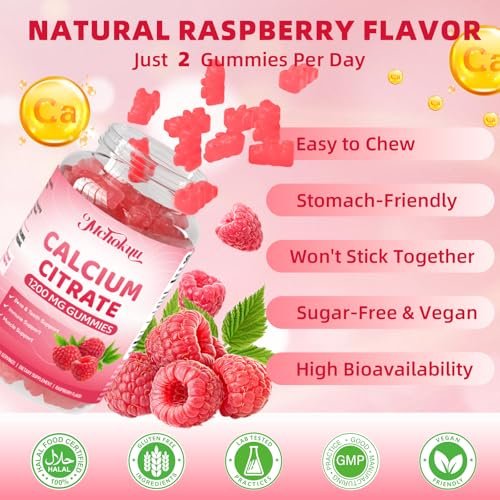 Calcium Citrat Gummibärchen 1200 mg – Zuckerfreie, kaubare Calciumergänzung für Frauen & Männer, unterstützt Knochen-, Muskel- und Immunsystem, ohne Gentechnik, glutenfrei, natürlicher Himbeergeschmack, 60 Stück