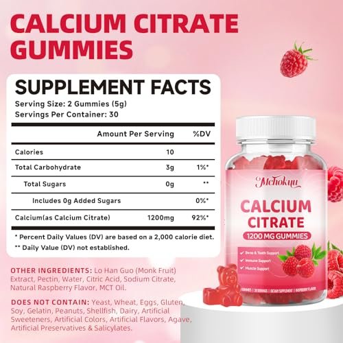Calcium Citrat Gummibärchen 1200 mg – Zuckerfreie, kaubare Calciumergänzung für Frauen & Männer, unterstützt Knochen-, Muskel- und Immunsystem, ohne Gentechnik, glutenfrei, natürlicher Himbeergeschmack, 60 Stück