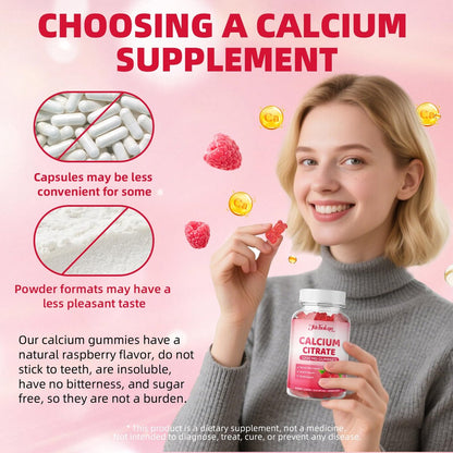 Calcium Citrat Gummibärchen 1200 mg – Zuckerfreie, kaubare Calciumergänzung für Frauen & Männer, unterstützt Knochen-, Muskel- und Immunsystem, ohne Gentechnik, glutenfrei, natürlicher Himbeergeschmack, 60 Stück