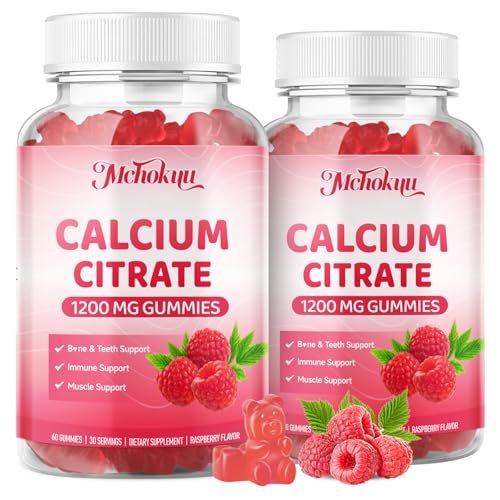 Calcium Citrat Gummibärchen 1200 mg – Zuckerfreie, kaubare Calciumergänzung für Frauen & Männer, unterstützt Knochen-, Muskel- und Immunsystem, ohne Gentechnik, glutenfrei, natürlicher Himbeergeschmack, 60 Stück
