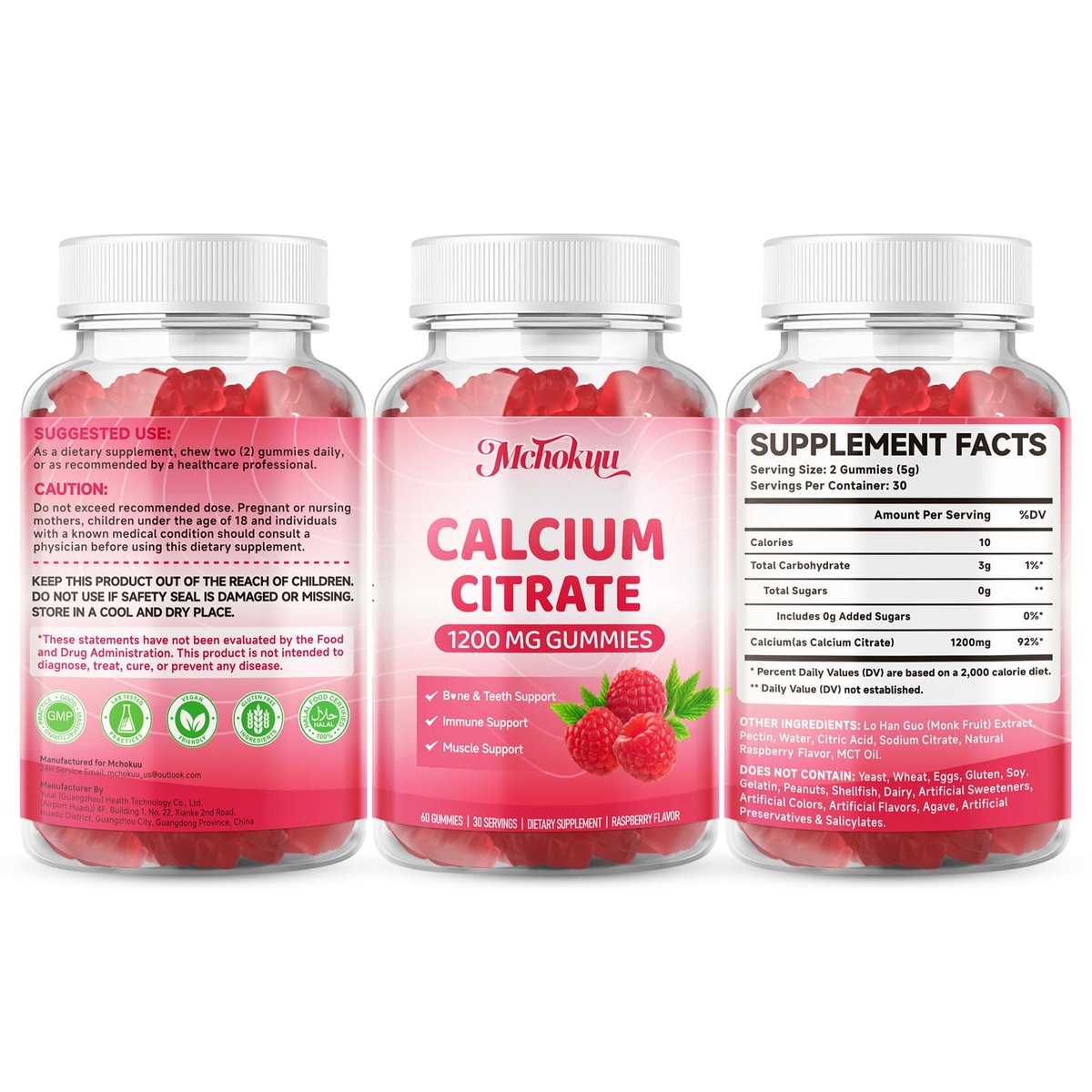 Calcium Citrat Gummibärchen 1200 mg – Zuckerfreie, kaubare Calciumergänzung für Frauen & Männer, unterstützt Knochen-, Muskel- und Immunsystem, ohne Gentechnik, glutenfrei, natürlicher Himbeergeschmack, 60 Stück