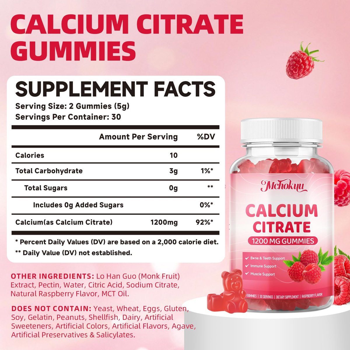 Calcium Citrat Gummibärchen 1200 mg – Zuckerfreie, kaubare Calciumergänzung für Frauen & Männer, unterstützt Knochen-, Muskel- und Immunsystem, ohne Gentechnik, glutenfrei, natürlicher Himbeergeschmack, 60 Stück